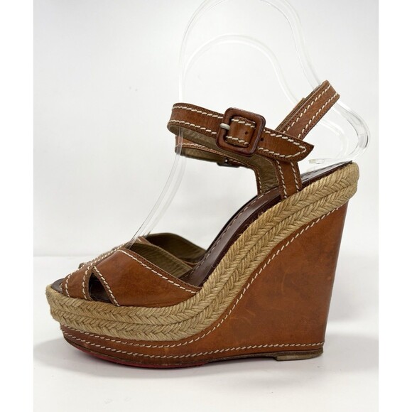 Christian Louboutin Brown Leather Almeria 120 Espadrille Wedge Sandals Sz 35 5 - Picture 2 of 10
